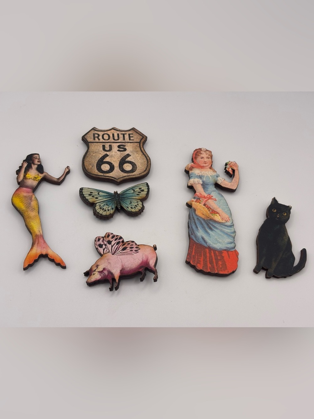 Set of 6 Magnets, Vintage Designs, Mermaid, Butterfly, Flying Pig, Route 66, Cat